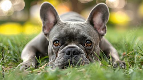 Smiling face cute lovely French Bulldog lying on the grass in a Summer park, Funny lovely pet dog, Dog on the background of nature. Generative AI © Viktoriia