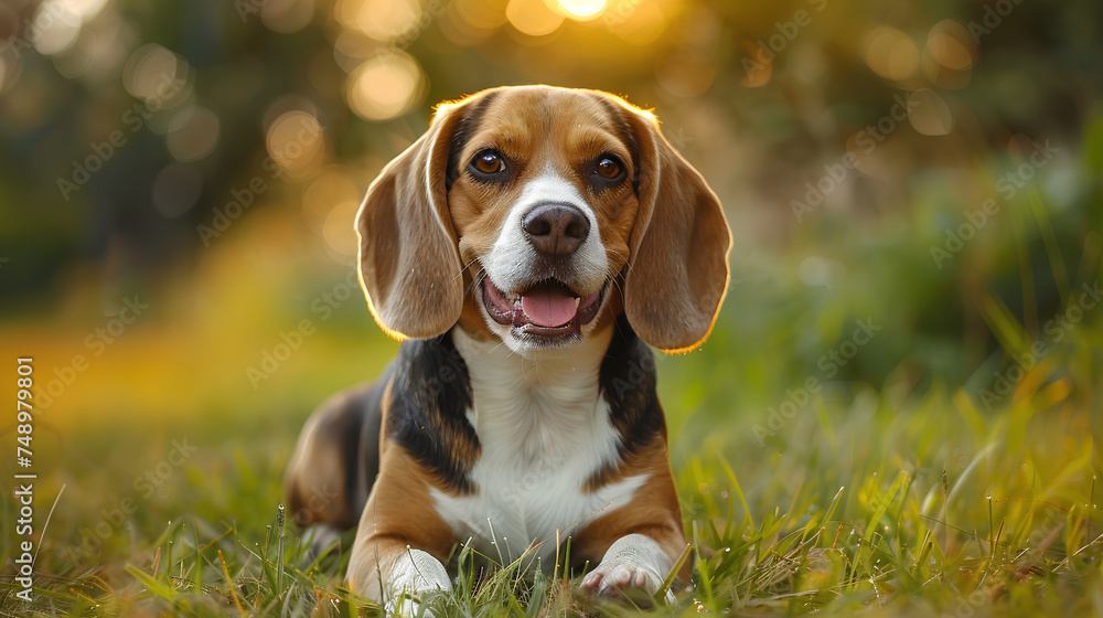 Smiling face cute lovely Beagle lying on the grass in a Summer park, Funny lovely pet dog, Dog on the background of nature. Generative AI