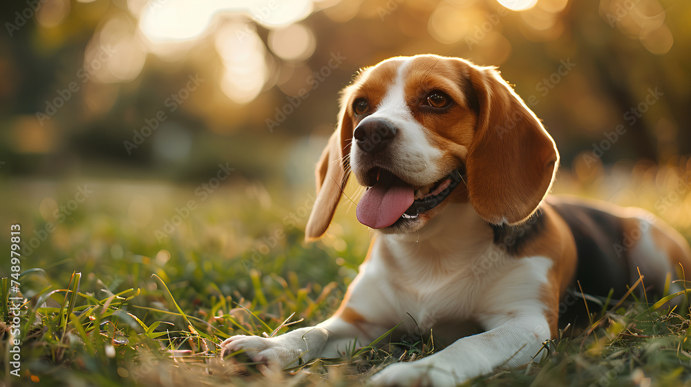 Smiling face cute lovely Beagle lying on the grass in a Summer park, Funny lovely pet dog, Dog on the background of nature. Generative AI