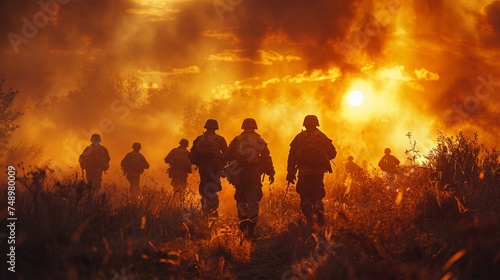 Soldiers navigating through hazardous wildfire field