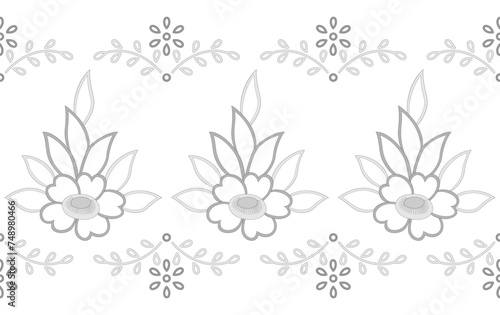 Lace ribbon with flowers and leaves. Floral seamless pattern. Monochrome flowers border vector illustration. Vintage lace repeating linear ornament. Floral pattern for print.