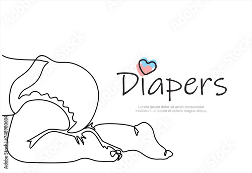 Newborn line art. Baby legs illustration. Art for print. Child in diaper. Continuous one line drawing of newborn. Hand drawn art for children's diapers.