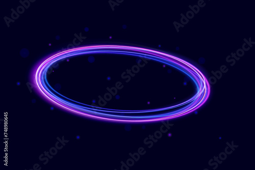Neon ellipse in the form of speed. Glowing spiral. Abstract neon color glowing lines background. The energy flow tunnel. Shine round frame with light circles light effect