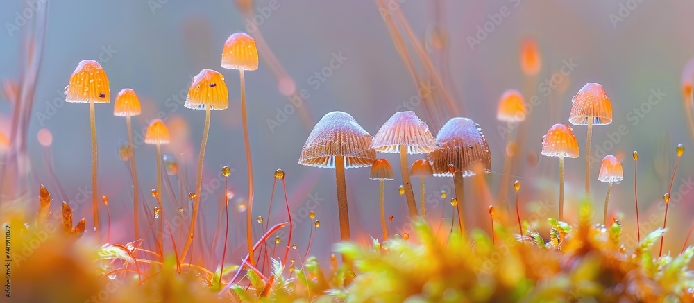 Several delicate mushrooms are sitting in the grass, surrounded by fine hair moss. The scene evokes nostalgia for the woodland and the fall. This macro photography captures the details of the