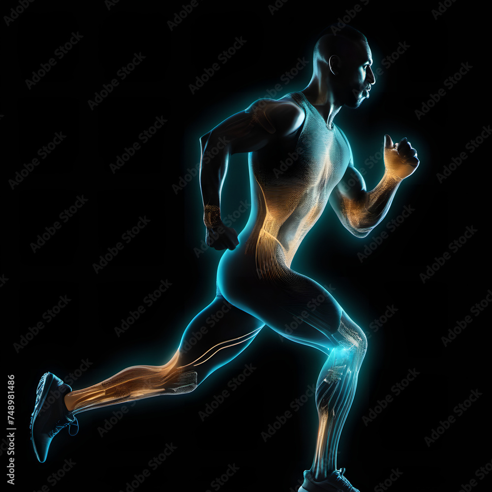 Our biological nerfin system in sports. A model of an athlete running or exercising, conveying a sense of fitness and health: Action and sport. Our biological nerfin system in sports. A model of an athlete running or exercising, conveying a sense of fitness and health: Action and sport.