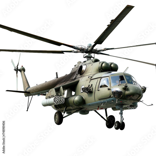 Flying military helicopter isolated on white or transparent background