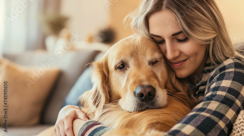 Linda mulher abraçando cachorro Golden no sofá em casa 