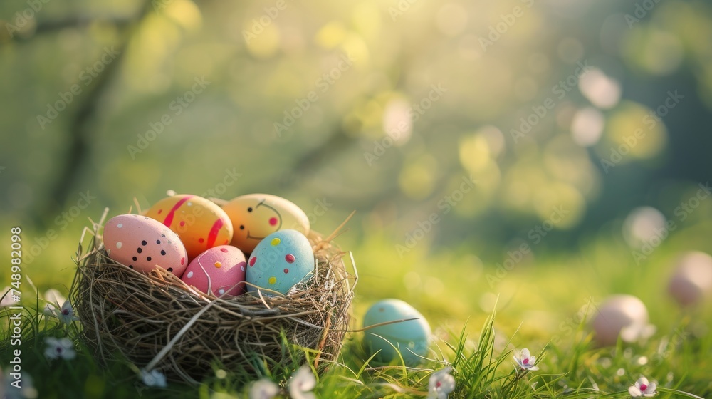 A natural nest filled with colorful, patterned Easter eggs rests on a woodland floor, surrounded by vibrant spring flowers and fresh greenery, bathed in the warm, golden light of a setting sun. A natural nest filled with colorful, patterned Easter eggs rests on a woodland floor, surrounded by vibrant spring flowers and fresh greenery, bathed in the warm, golden light of a setting sun.
