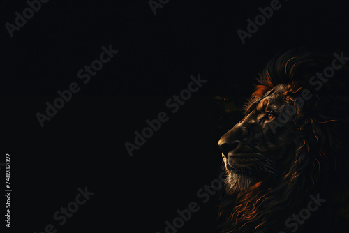 tête de lion, roi des animaux et de la savane africaine. Faiblement éclairée, gueule de profil sur fond noir avec espace négatif pour texte, copyspace. photo