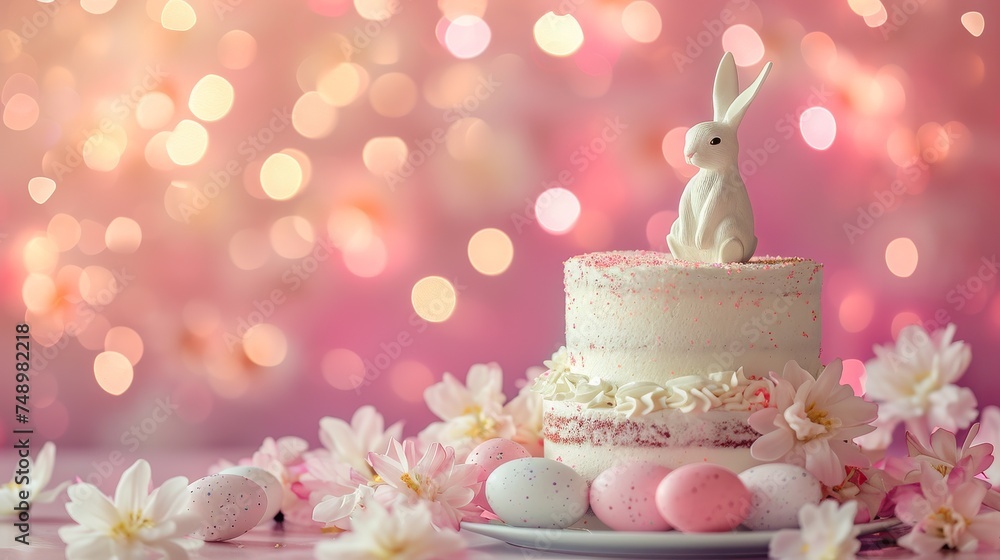 A beautifully decorated Easter cake sits on a table, adorned with a charming white bunny topper. Pastel-colored eggs and delicate spring flowers surround the cake, against a backdrop of soft A beautifully decorated Easter cake sits on a table, adorned with a charming white bunny topper. Pastel-colored eggs and delicate spring flowers surround the cake, against a backdrop of soft
