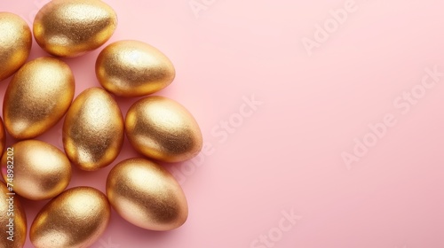 Easter composition. Easter eggs, confetti on pastel pink background. Flat lay, top view, copy space.