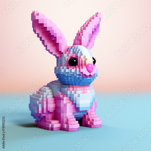 This depicts a vibrant, pink and blue toy bunny constructed from interlocking building blocks, posed against a soft pastel blue and pink gradient backdrop. 