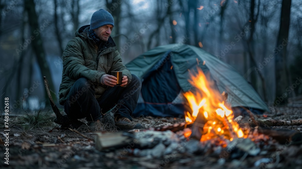 Man resting with cup of hot tea at bonfire in the camp
