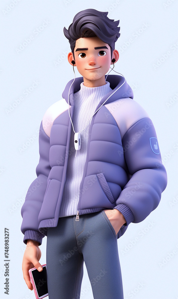 young man in jacket, 3D modeling, with smartphone, with headset, 3D illustration, Asian style, isolated background, white background young man in jacket, 3D modeling, with smartphone, with headset, 3D illustration, Asian style, isolated background, white background