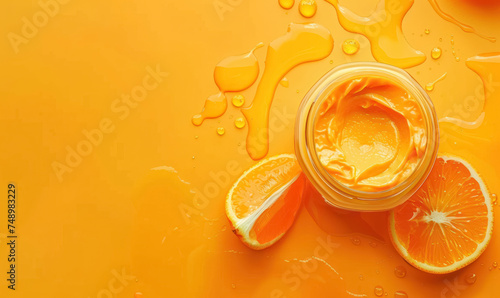 vibrant orange vitamin c skincare cream with fresh orange slices and droplets on yellow background, free space for text photo