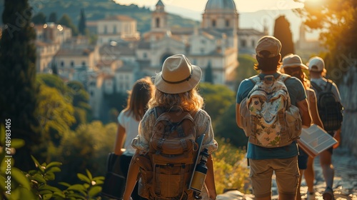 A group of travelers with hats is strolling down a path in front of a city