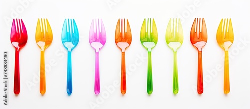 A row of multicolored plastic forks, each a different color, lined up neatly on a white background. The forks vary in shades, offering a colorful aesthetic.