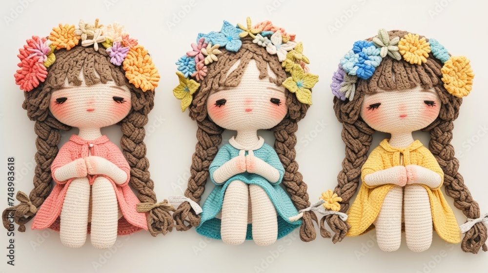 Three adorable crochet dolls with floral hats are sitting side by side Three adorable crochet dolls with floral hats are sitting side by side