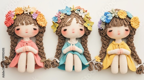 Three adorable crochet dolls with floral hats are sitting side by side © StasySin