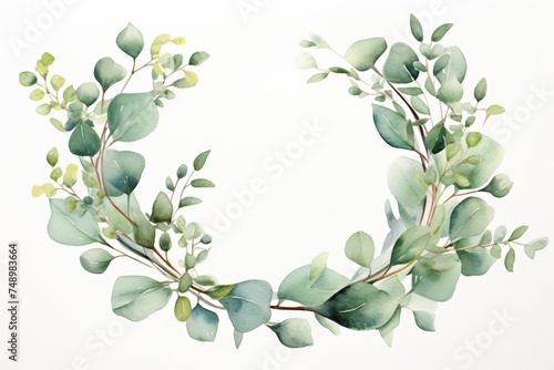 green eucalyptus leaves floral wreath watercolor illustration copy space center. Florist salon, beauty parlor, manicure or flyer template mockup.