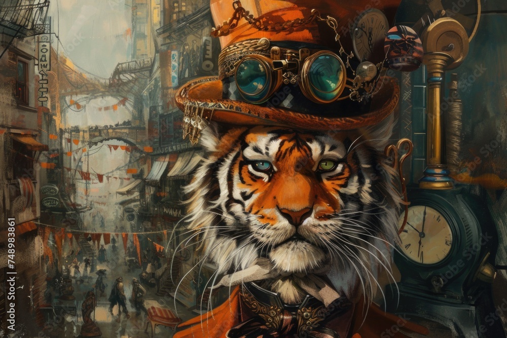 A painting of a tiger wearing a top hat. Surreal illustration with steampunk and wild west elements.