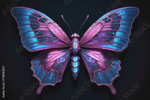 Cyberpunk robotic butterfly with pink and blue colours isolated on dark background, beautiful futuristic surreal monarch butterfly design © Eduardo Accorinti