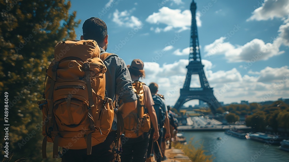 a group of people with backpacks are walking towards the eiffel tower in paris - obrazy, fototapety, plakaty 