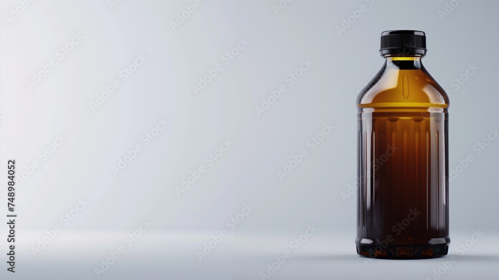 Clear brown bottle of motor oil on a light gradient background with copy space Clear brown bottle of motor oil on a light gradient background with copy space