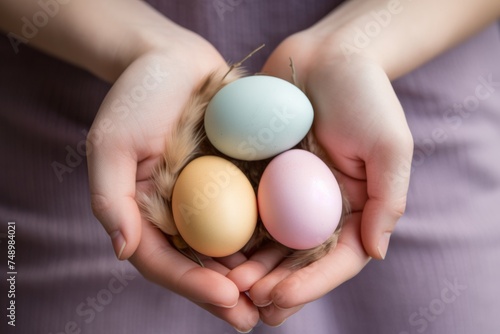 hands holding pastel color easter chicken eggs closeup. Religious tradition. Celebrating spring. 