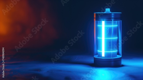 Futuristic blue lantern glowing on a dark wooden background