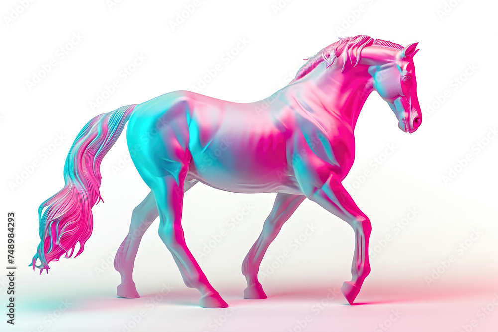 On a white surface, a poised horse in delightful shades of pink and blue On a white surface, a poised horse in delightful shades of pink and blue