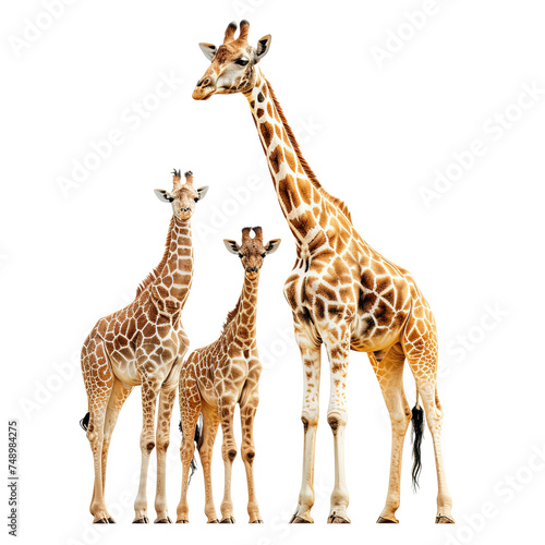 Family of giraffes on white or transparent background