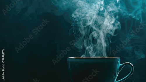 A steaming hot coffee cup enveloped in mystical blue light