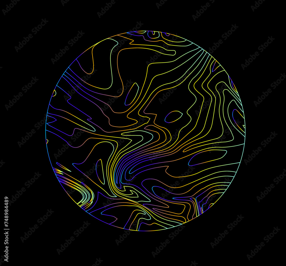 Neon holographic circle with warped and glitched texture of lines. Neon holographic circle with warped and glitched texture of lines.