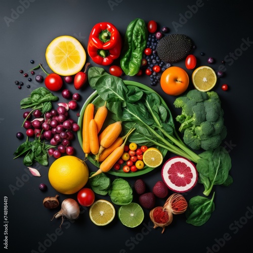 Healthy eating fresh ingredients isolated on black background in round shape or circle. Vegetables, berries and fruit from Mediterranean diet.
