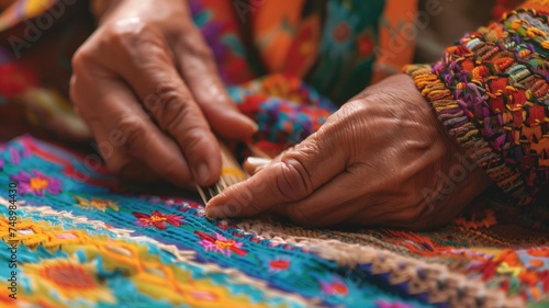 Elderly hands sewing colorful traditional fabric