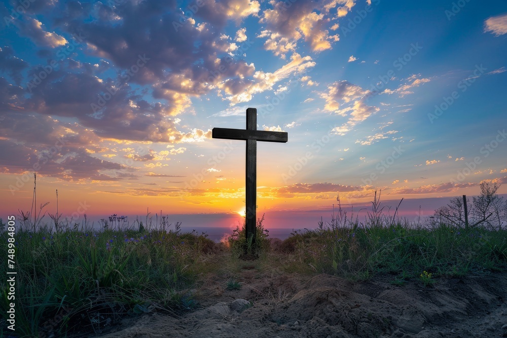 A Symbol of Hope and Renewal: A Wooden Cross Silhouetted Against the Breathtaking Colors of an Easter Sunrise A Symbol of Hope and Renewal: A Wooden Cross Silhouetted Against the Breathtaking Colors of an Easter Sunrise