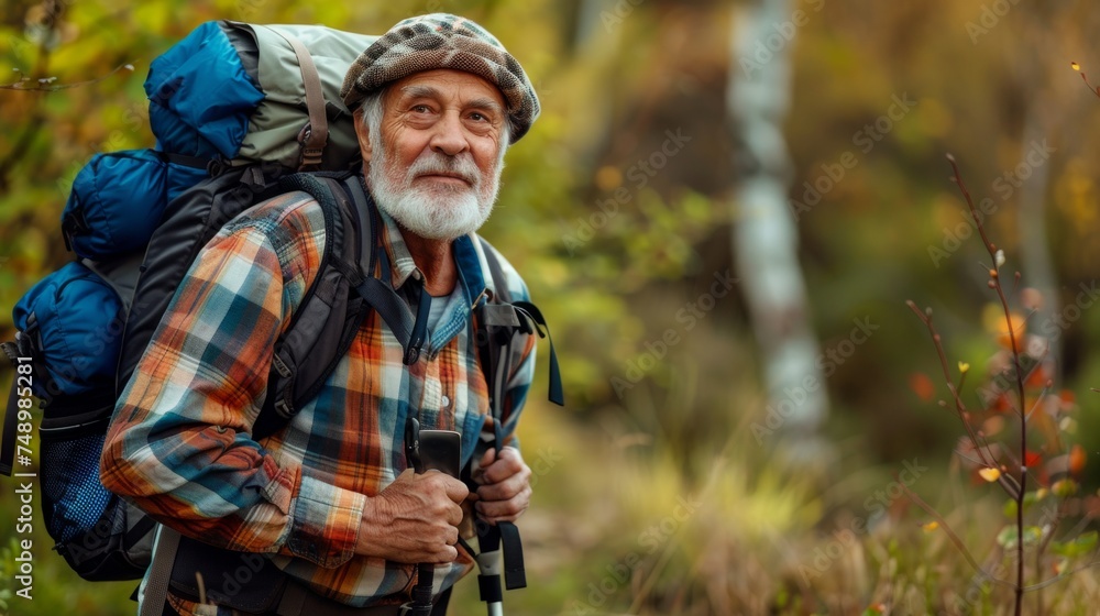 Fototapeta premium Senior man with backpack hiking in the mounting