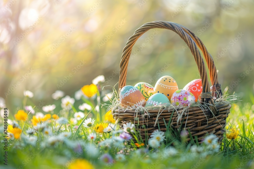 A Colorful Celebration of Spring: A Wicker Basket Overflowing with Vibrantly Decorated Easter Eggs Amidst a Blossoming Meadow A Colorful Celebration of Spring: A Wicker Basket Overflowing with Vibrantly Decorated Easter Eggs Amidst a Blossoming Meadow