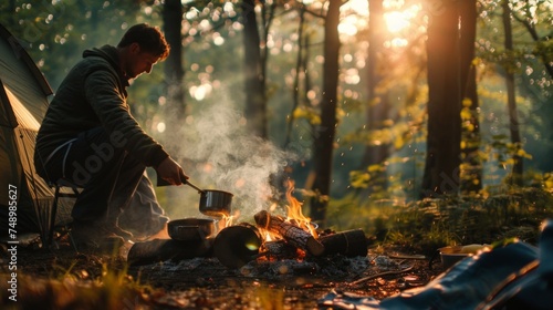 Man cooking on the bonfire in the forest, camp tent on the background with sunrise