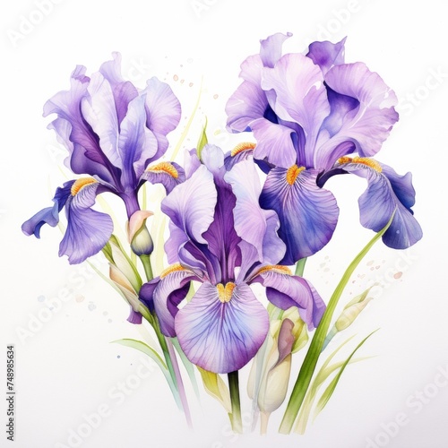 purple iris flowers watercolor illustration isolated on white