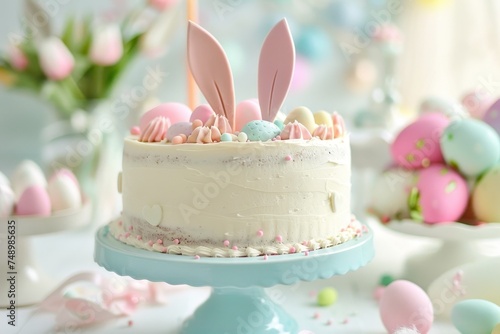 A Whimsical Easter Celebration  Adorable Bunny Ear Cake Toppers Adding a Touch of Magic to a Pastel-Colored Cake