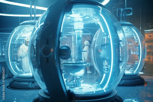 futuristic laboratory interior with neon white blue light. Developing inhalable vaccine in lab. Looking for cure from cancer, AIDS and virus.