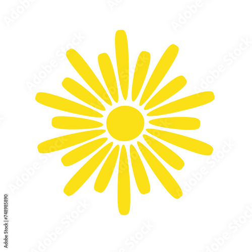 Simple yellow sun vector flat illustration with round shape middle and beams, cute summer image for making cards, decor, vacation concept, holiday and summertime design for children
