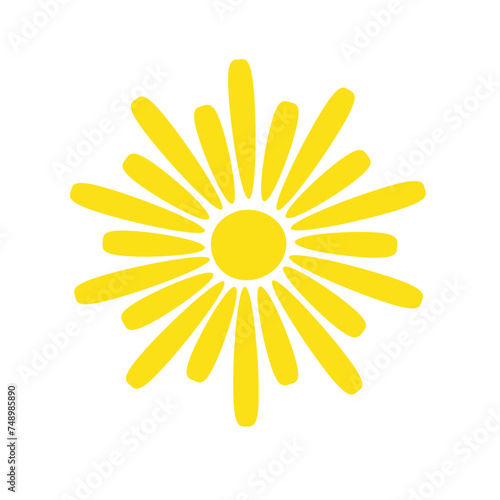 Simple yellow sun vector flat illustration with round shape middle and beams, cute summer image for making cards, decor, vacation concept, holiday and summertime design for children photo