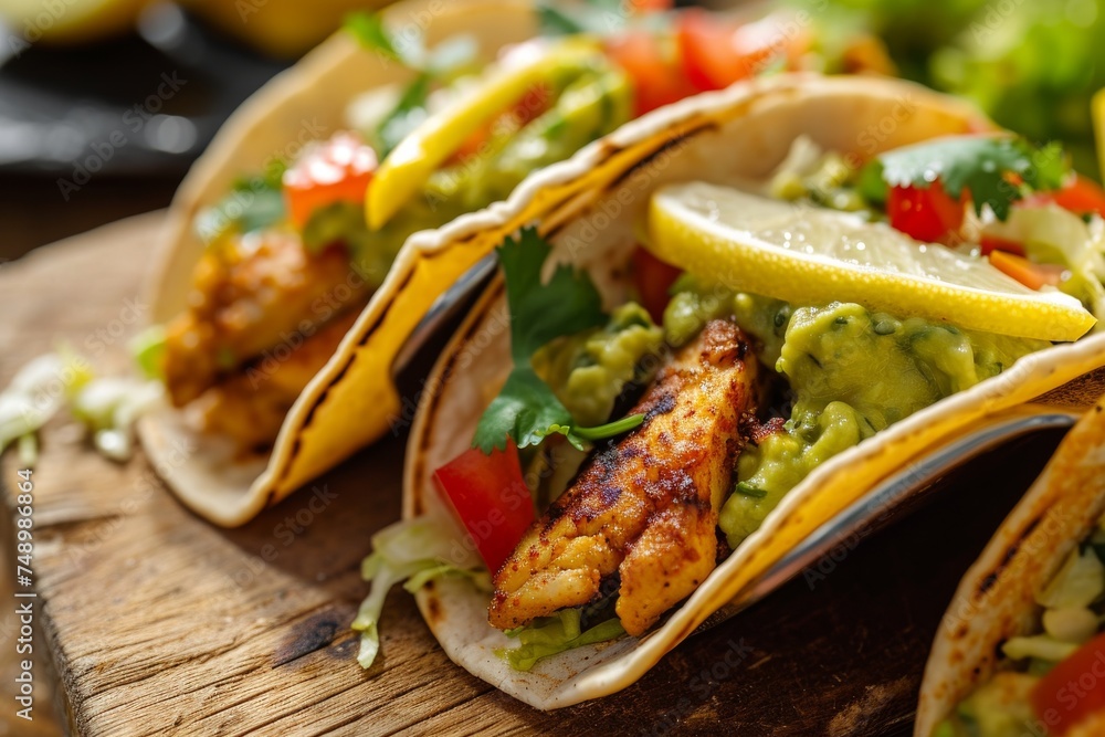 A trio of grilled fish tacos garnished with slices of lemon and avocado, presented on a warm wooden surface for a fresh meal A trio of grilled fish tacos garnished with slices of lemon and avocado, presented on a warm wooden surface for a fresh meal