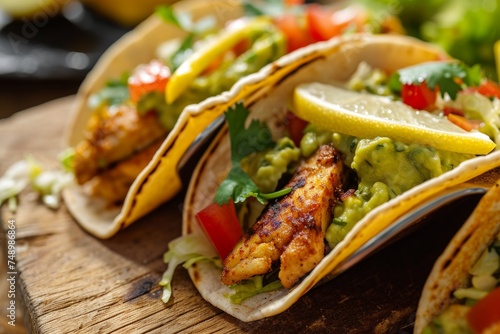 A trio of grilled fish tacos garnished with slices of lemon and avocado, presented on a warm wooden surface for a fresh meal