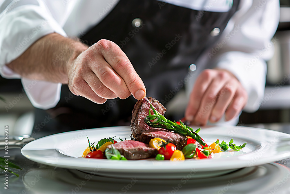 close up image of a fine dining chef finishing to plate a fancy beef dish Generative AI