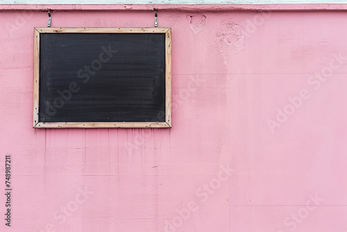 horizontal image of a blank blackboard hanging on a pink wall, copy space. Generative AI