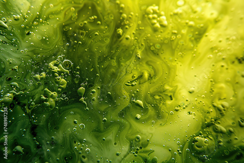 close up horizontal image of a green bubbly fluid background Generative AI